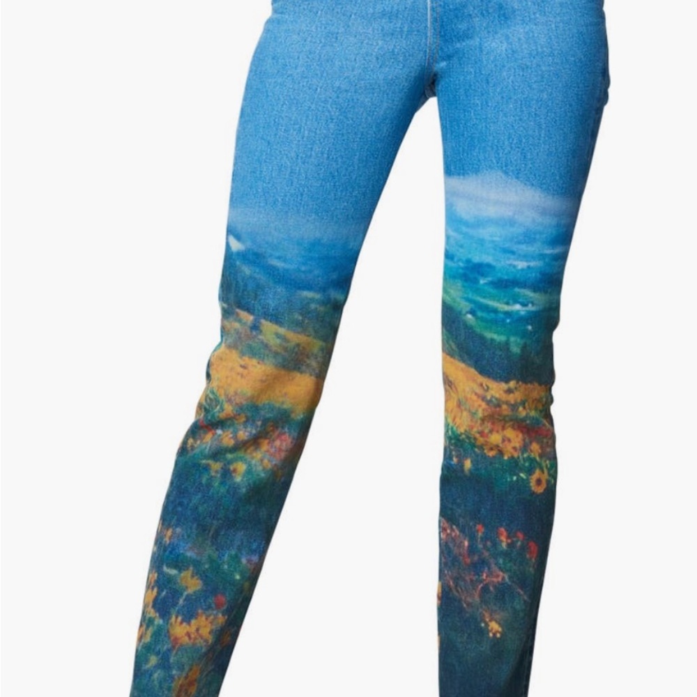 Blue Scenic Print Women's Jeans High-rise crop